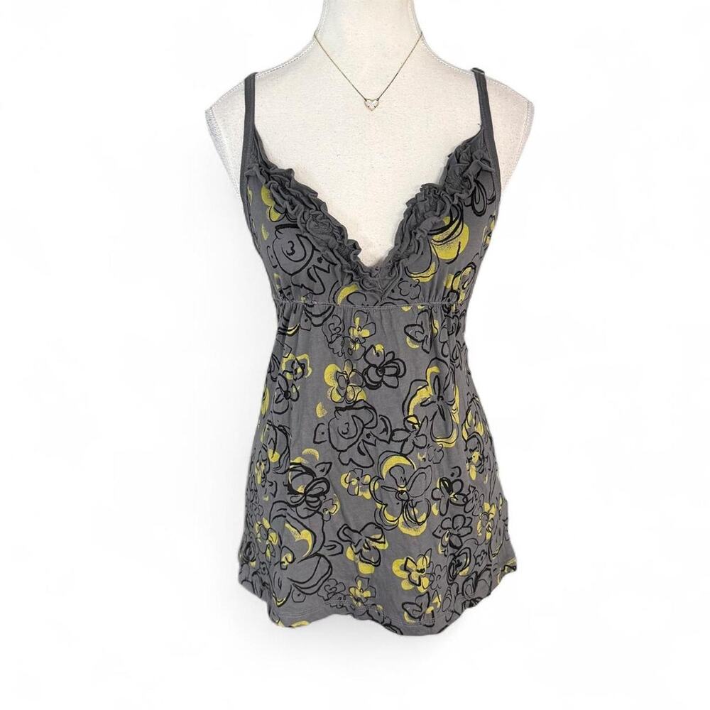 Y2K gray yellow floral print babydoll tank top ruffles adjustable straps Size M